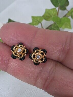 ​Gold Filled Black Flower Stud Earrings with Crystal Detail